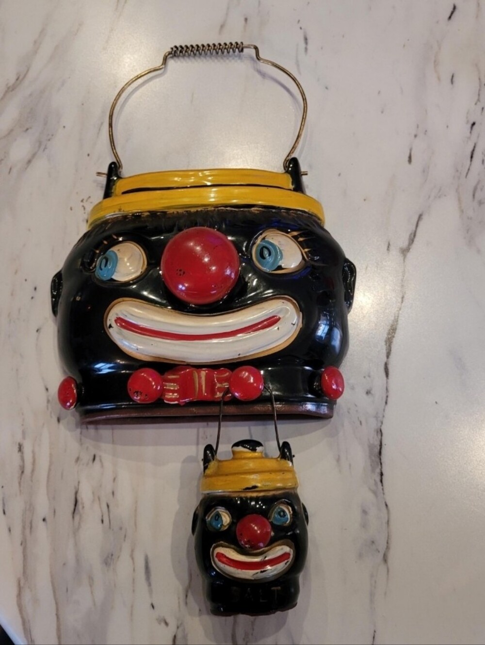 Vintage Clown face wall pocket with salt jar. Thames Japan.